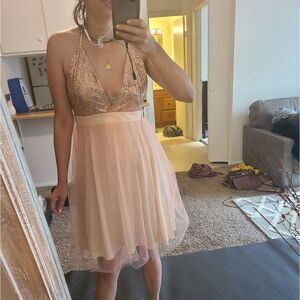 Area women's gold and peach sequin and toole mini dress